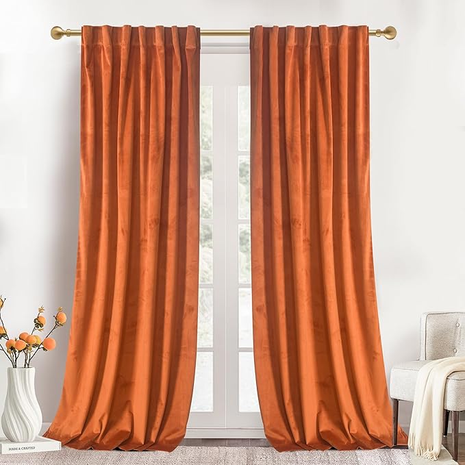 Roslynwood Luxury Soft Russet Orange Velvet Curtains 108 inches Long Back Tab Thermal Insulated Blackout Window Drapes for Living Room/Bedroom/Dining Room, W52 x L108, 2 Panels