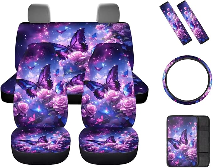 Beautiful Butterfly Roses Car Seat Cover Full Set for Women, with Car Steering Wheel Cover Auto Center Console Pad Seat Belt Pads, Automotive Interior Accessories Set of 8