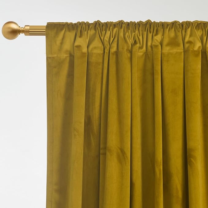 Roslynwood Luxury Soft Olive Yellow Velvet Curtains 72 inches Long Back Tab Thermal Insulated Blackout Window Drapes for Living Room/Bedroom/Dining Room, W52 x L72, 2 Pcs
