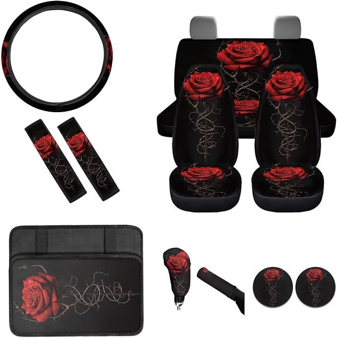 BIGCARJOB 12 Pcs Car Seat Covers Full Set for Women Interior Accessories Auto Seat Protector Set Red Rose Armrest Cushion,Seat Belt Pads,Steering Wheel Covers