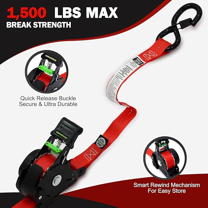 STARLEAPARTS Retractable Ratchet Straps(2PK 1.0INX12FT) - 1,500lb Break Strength, Ratchet Strap Heavy Duty with Rubber Coated Handle, Perfect Auto Ratchet Straps for Motorcycle, Kayak and Trucks