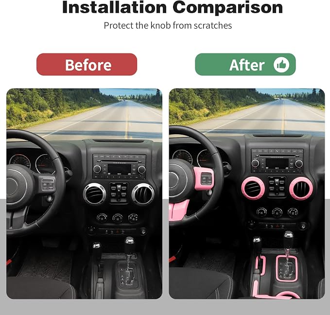CheroCar 18PCS Interior Trim Kit for Jeep Wrangler JK JKU 2011-2018 4 Door,Steering Button Frame, Air Conditioning Vent Trim Cup Holder Cover,Gear Shift Knobs Frame,Pink…