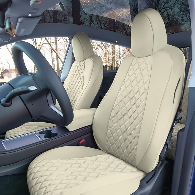 FH Group Custom Fit Car Seat Covers Specifically Made for 2020-2025 Tesla Model Y Ultraflex Neoprene Water Resistant Automotive Seat Covers - Full Set Solid Beige