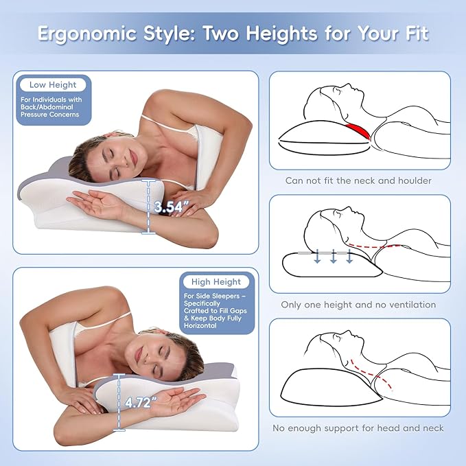 Cervical Neck Pillow, Memory Foam Pillows for Neck & Shoulder Pain Relief, 2 Heights Ergonomic Pillow with Breathable Ice Silk Cover, Neck Support Pillow for Stomach Sleepers Grey
