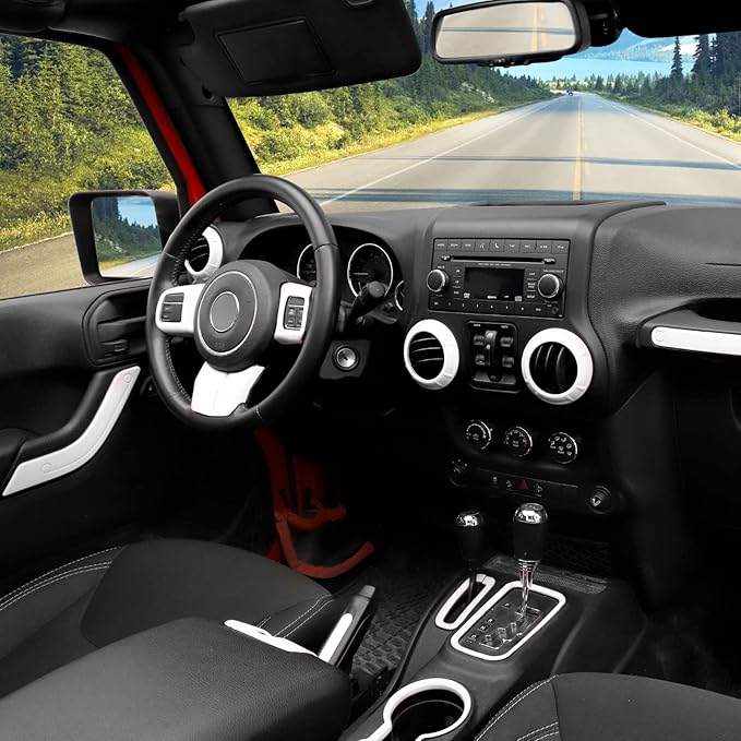 Hoolcar Steering Wheel Cover Gear Shift Panel Trim Cover Water Cup Holder Cover Kit Interior Accessories Kit Fit for Jeep Wrangler JK JKU 2011-2018, 4-Door, White