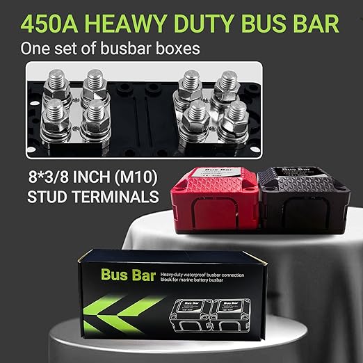 Bus Bar 450A 48V DC Heavy Duty Terminal Studs Box, 2-Pack Busbar with 8 * 3/8 INCH(M10) Studs, Flame Retardant ABS+PC Insulation Cover for Marine, Boat, Car, RV, Solar Panel Electrical Wiring