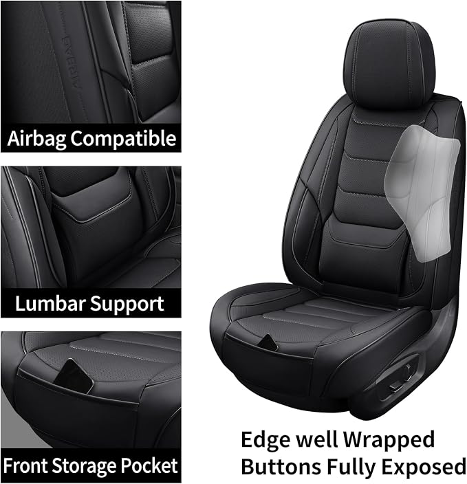 Leather Car Seat Covers Full Set Breathable Automotive Seat Covers Waterproof Seat Protectors Universal Fit for Most Automotive Cars SUV Trucks (Black, Full Set)