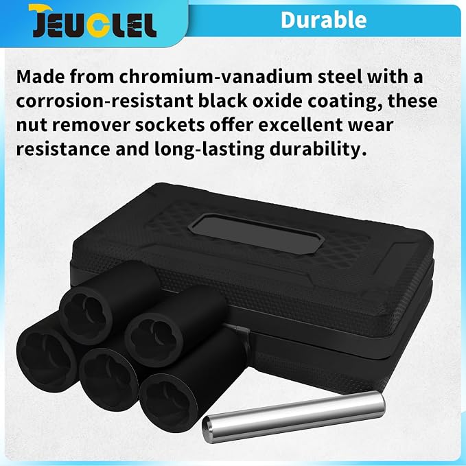 6PCS Twist Lug Nut Socket Set - 1/2 inch Drive Damaged Nut Lock Remover Extractor - Rusted & Stubborn Locking Nut Removal Tool Kit with 17mm 19mm 21mm 23mm 27mm Sockets & Center Punch Bar