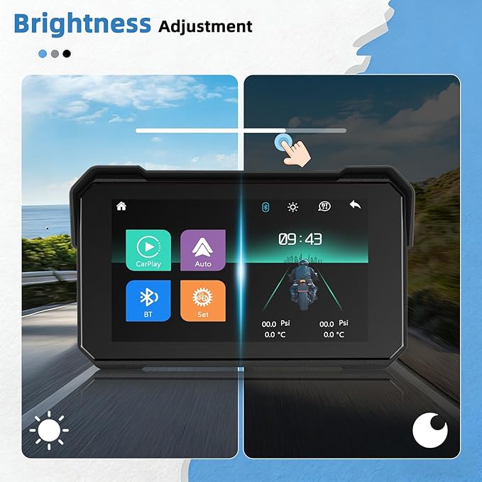 GPS CarPlay 5" IPS Motorcycle CarPlay Screen for Motorcycle with A-pple Wireless CarPlay & Android Auto, IP68 Waterproof, Supports Bluetooth,Navigation,S-IRI/G-oogle Assistant, Vioce Control, Bracket