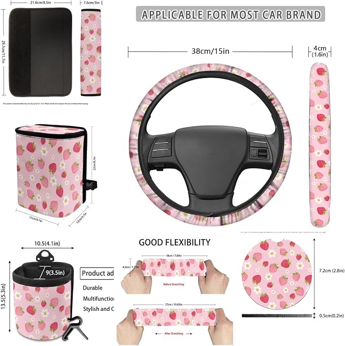 Dreaweet Pink Car Seat Covers Full Set for Women Cute Strawberry Car Accessories Steering Wheel Cover Seatbelt Covers Car Coasters Trash Can Vent Storage Holder Rear View Mirror Cover Keychain 15 Pcs