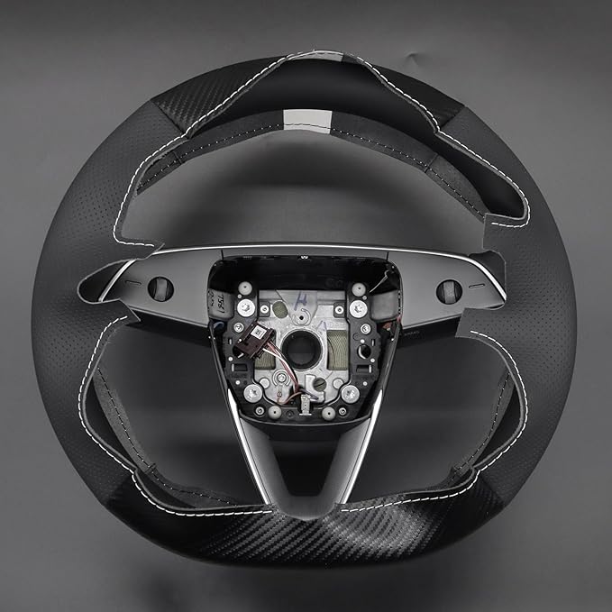 MEWANT Black Matte PU Carbon Fiber Faux Leather Steering Wheel Wrap for Tesla Model3 Highland 2025 Model Y Juniper 2025