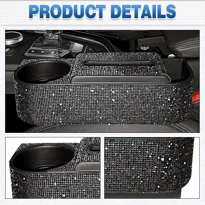 Auto Gap Filler Multifunctional Car Seat Organizer, Multi-Function Tissue Storage Box w/Cup Holder, Auto Console Side Storage Box, Black Rhinestone - Black
