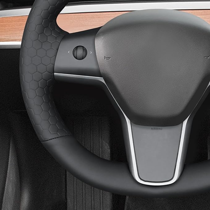 MEWANT Hand Stitch Steering Wheel Cover for Tesla Model Y Model 3 Made of Black Smooth Hexagon Embossed Faux Leather