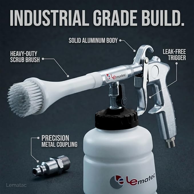 LE LEMATEC Interior Detailing Gun, Air Foam Car Wash Tool with Scrub Brush | Cleans Upholstery Carpet Vents Seats, Pneumatic Tornado Cannon, Solution Bottle, Auto Detail Kit