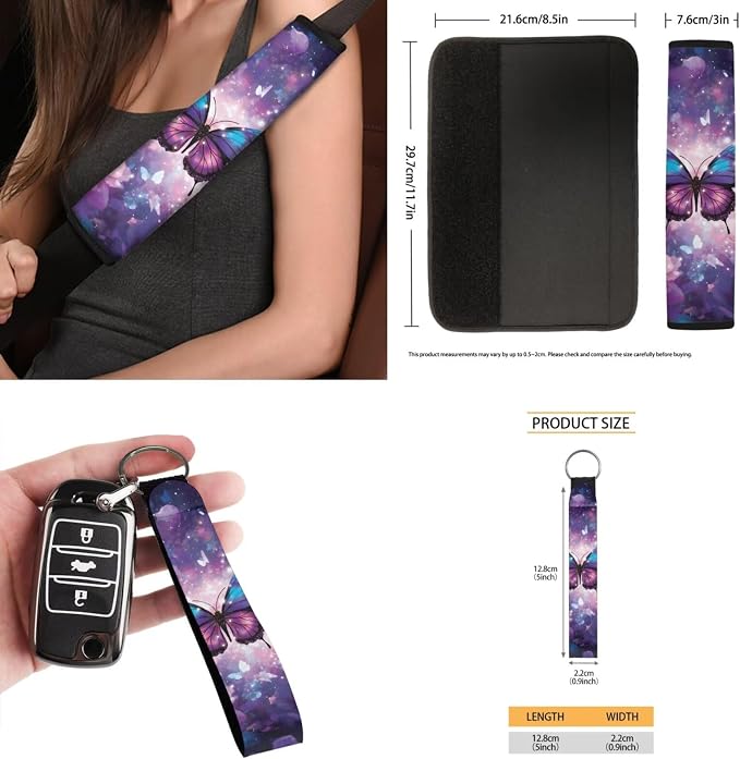 Purple Floral Car Aaccessories Full Set of 15 Pcs, Butterfly Car Seat Covers Set with Rear View Mirror Cover,Steering Wheel Covers,Car Trash Can with Lid for Women Man,Universal Fit