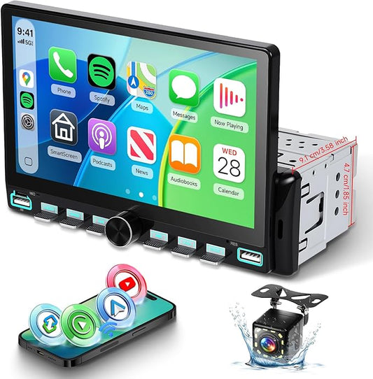 7’’ Single Din Radio Stereo with Wireless or Wired CarPlay Android Auto You-Tube, 1 Din Touchscreen Radio with Piano Keys,Car Stereo Support Mirror Link, Rear View Camera USB&Type-C FM SWC BT EQ MIC