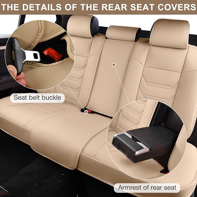 TIEHESYT Beige Car Seat Covers Front Pair, Breathable Leather Automotive Front Seat Covers & Headrest for Comfortable Driving, Compatible with Most Cars Sedans SUV Pickup Trucks