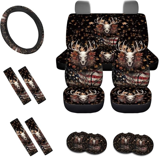 Deer American Flag Maple Leaf Pattern 13 Pieces Car Accessories Set, Non Slip Car Front and Rear Seat Cover Pack of 4, 1 PCS Steering Wheel Cover, 4 PCS Seat Belt Cover Pad，4 PCS Cup Coasters