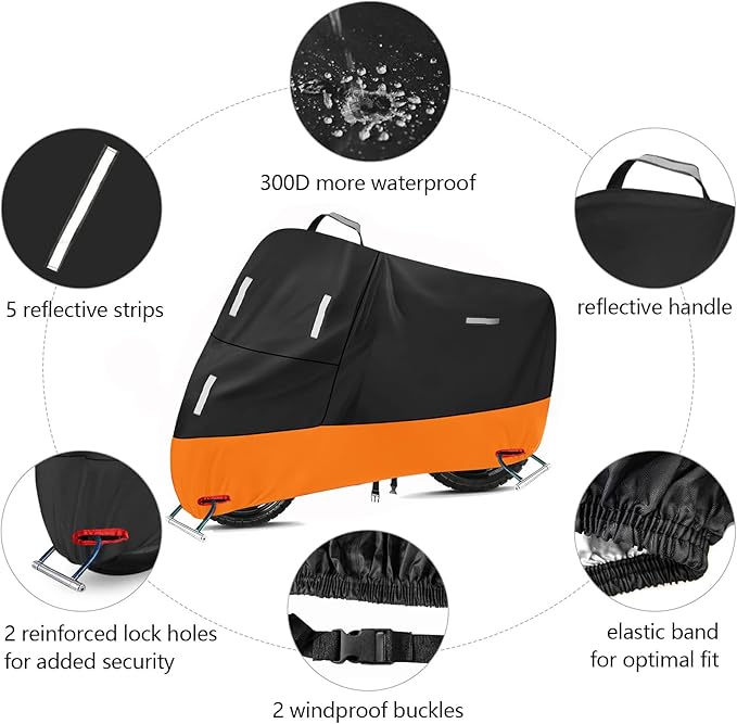 SECELES 300D Oxford Mini Motorcycle Cover Heavy Duty for Honda Grom Monkey Moped Cover Waterproof Outdoor for Khawasaki Z125 pro, Windproof Buckles & Elastic Hem (M 72" x 33" x 39", Black & Orange)
