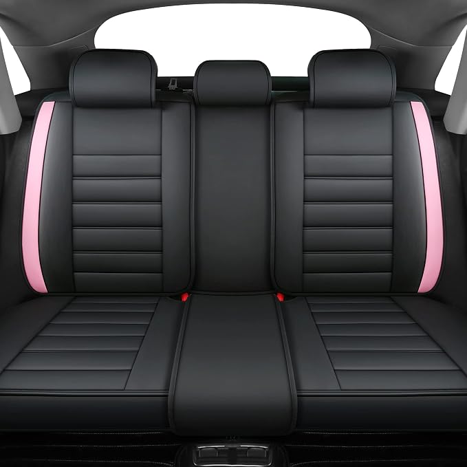 Quiln03 Leather Seat Cover 5 Seat Full, Universal Suitable for Most Cars, SUVs, Pickup Trucks, Airbag Compatible Car Seat Cushion Covers (Black&Pink)