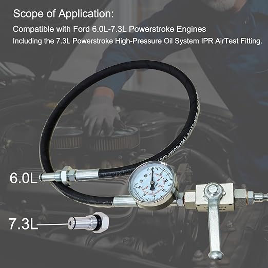 Professional IPR Air Test Kit Compatible with Ford 6.0L & 7.3L Powerstroke Diesel Engines - High-Pressure Oil System Leak Detection Tool with Adapter Fitting, O-Rings, and Shutoff Valve