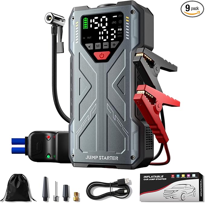 Jump Starter with Air Compressor, 4000A 12V Portable Car Jump Box, 150PSI Tire Inflator Battery Jumper Booster, Power Bank LED Flashlight, Car Emergency Kit for Vehicles (9.0L Gas / 8.0L Diesel)