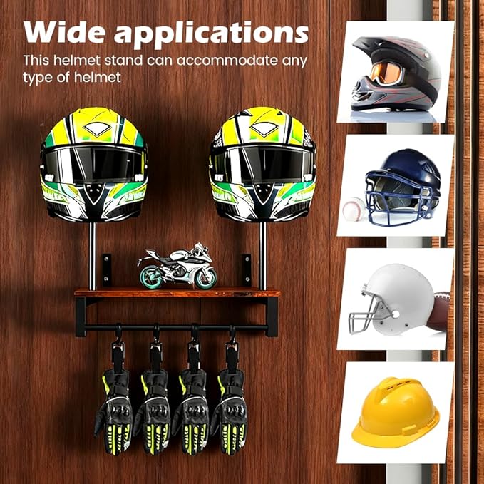 Motorcycle Helmet Holder Wall Mount, 2 Helmet Stands with Gear Rack and 4 Detachable Clips, Wooden and Metal Helmet Organizer for Garage or Entryway, Includes Helmet Storage Bag