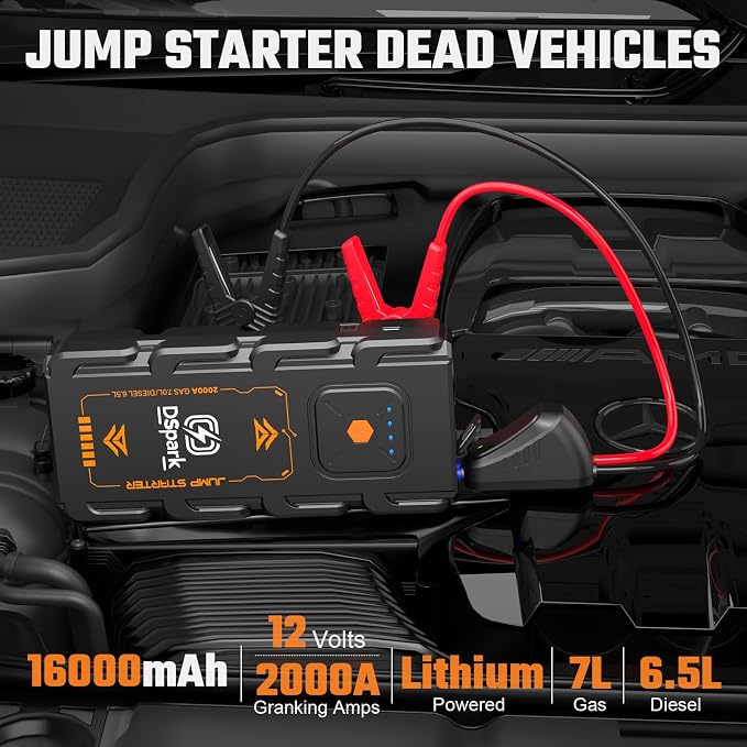 Compact 2000A Car Jump Starter, Ultra-Portable & Beginner-Safe Battery Booster for Up to 7.0L Gas / 6.5L Diesel, Lightweight 12V Jump Box with USB Fast Charge & LED Emergency Light