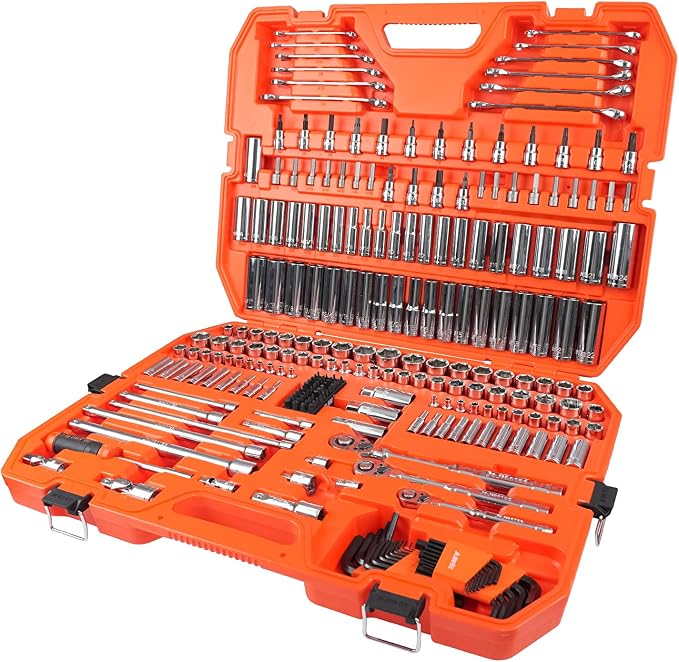 264-Piece Mechanics Tool Set, SAE & Metric Impact Socket Set, 1/2'', 1/4'', 3/8'' Drive, Deep & Shallow, CR-V Steel, with 90-Tooth Ratchet, Extension Bar, Universal Joint, with Molded Case