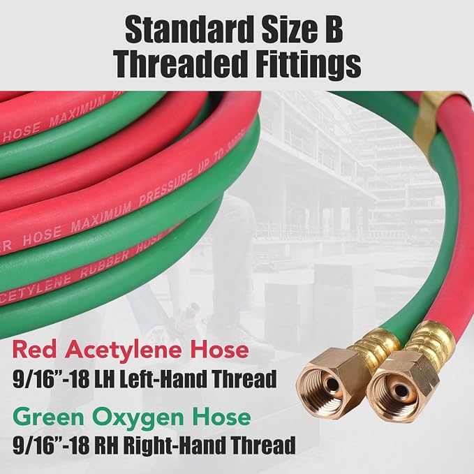Oxygen Acetylene Hose Twin Welding Hose 1/4" × 25FT - 300 PSI Red & Green Torch Hose with 9/16"-18 B Fittings Grade R for Gas Welding Cutting & Brazing