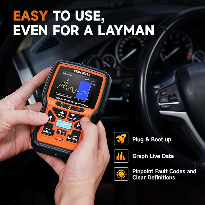 FFOXWELL NT301 Plus 2 IN1 OBD2 Scanner Battery Tester and 16pin OBD2 Extension Cable Scan Tool Battery Charging Cranking Test, Check Engine EVAP Check