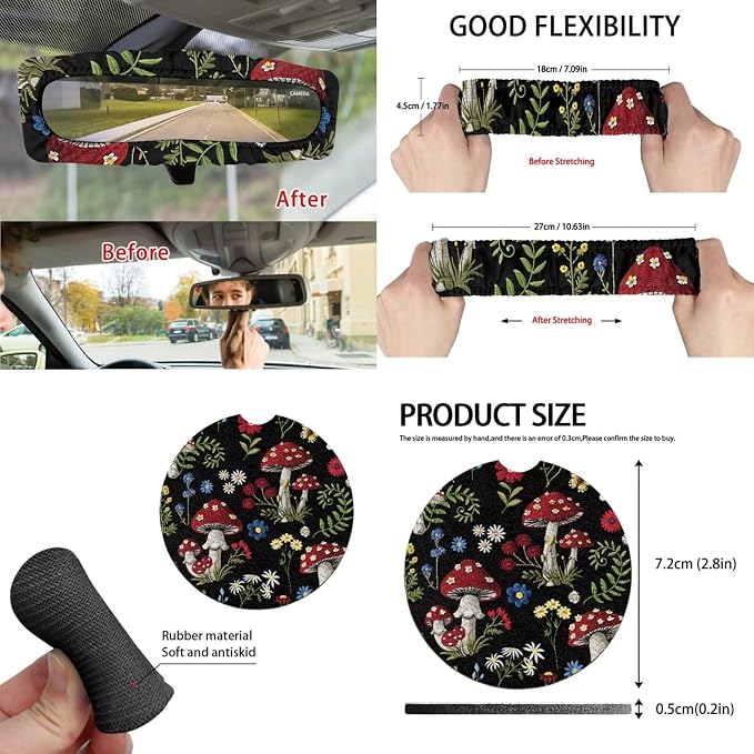 Forest Mushroom Auto Interior Accessories Car Seat Covers with Auto Steering Wheel Cover Seat Belt Covers Car Trash Can View Mirror Cover Coaster Keychains