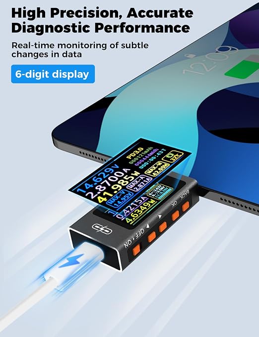 UT01C USB Tester, 3.3-40V 0-12A USB C Cable Tester, Voltage Current Power Tester Multimeter, Fast Charging Protocol Detection Ripple Measurement, PD2.0/PD3.1, QC2.0/QC3.0/QC4.0 (Black)