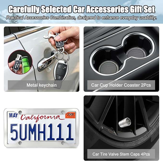 Rugged Stainless Steel License Plate Frame 2 Pack, Resistant Rustproof Car Tag Holder with Anti-Theft Screw Caps, Rattle-Proof Pads, Tire Valve Caps, Keychain & Cup Holder Mats, Car Accessories Set