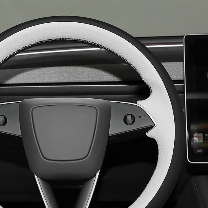MEWANT Hand Stitch Black White Faux Leather Steering Wheel Cover Wrap for Tesla Model 3 Highland 2025 Model Y Juniper