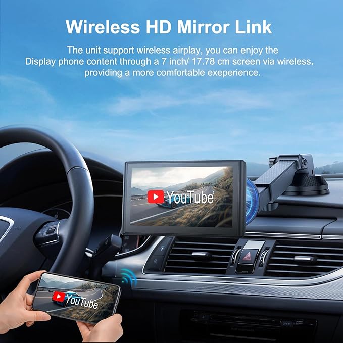 Portable CarPlay Screen for Car Wireless Car Play & Android Auto Touch Screen,7" HD,Landscape&Portrait,1080P Backup Camera GPS Navigation Music Voice Control Bluetooth AUX FM for All Vehicles