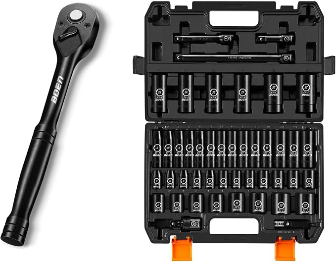 1/2" Drive Impact Socket Set, 45 Piece Deep & Shallow Metric Socket Set 9mm to 32mm + 1/2" Drive Ratchet Wrench