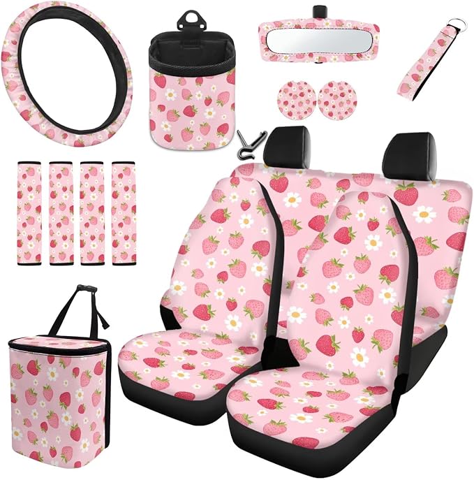 Dreaweet Pink Car Seat Covers Full Set for Women Cute Strawberry Car Accessories Steering Wheel Cover Seatbelt Covers Car Coasters Trash Can Vent Storage Holder Rear View Mirror Cover Keychain 15 Pcs