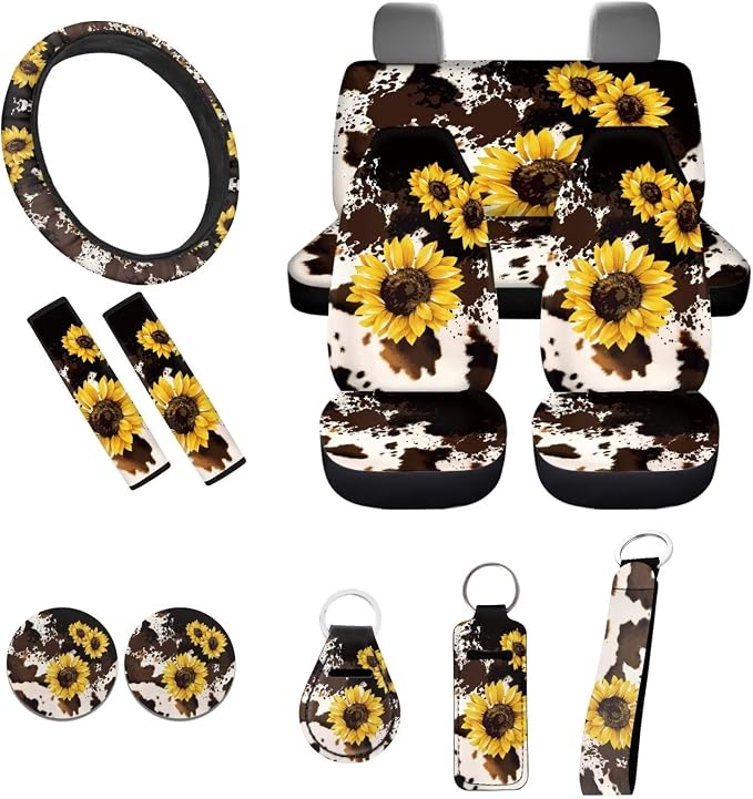 Cow Sunflower Seat Covers for Women,11pcs Cow Car Seat Covers Accessory Full Set Interior Decor,with Cow Keychain,Steering Wheel Cover,Seat Belt Pads,Cup Holder Mats Universal Fit