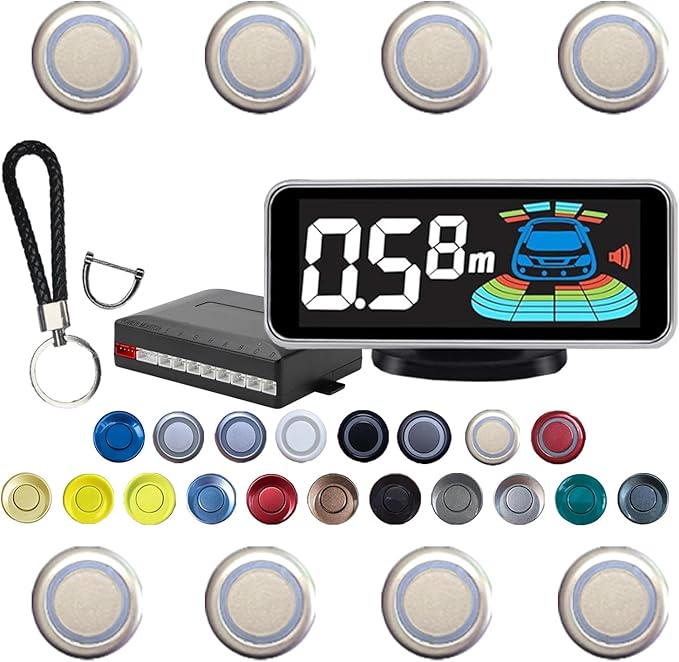 Backup Parktronic System Car Auto Vehicle Reverse with 8 Parking Sensors kit, LCD Display, Distance Detection (Meter/Foot Switchable), Buzzer Alarm and Voice Prompt Function(Champagne Gold)