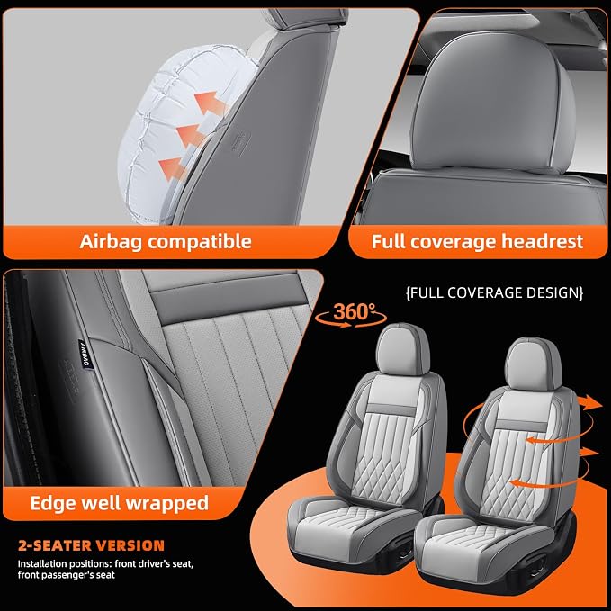 Universal 2-Seater Waterproof Breathable Nappa Leather Car Seat Covers Full Set, Compatible with Toyota Corolla Camry, Lexus LS400, Nissan Murano Rogue, Fit Front Seats Most Sedans SUV- Gray