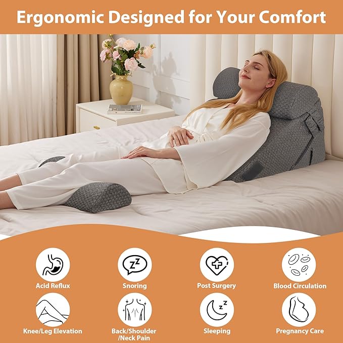 BIEEZZK 4PCS Wedge Pillow Set for After Surgery, Back Pillow for Bed Sitting up, 9&12inch Adjustable Memory Foam Bed Wedges, Pillow Wedge for Acid Reflux, Back Pain Relief, Snoring, Dark Grey