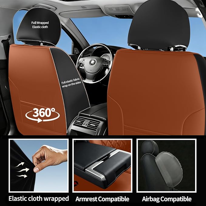 Fit Fusion Car Seat Covers for Ford Fusion 2007-2020 - Luxury Leather, Anti-Slip, All-Weather, Waterproof & Breathable, Airbag Compatible, 2 Front Seats Only (Brown)