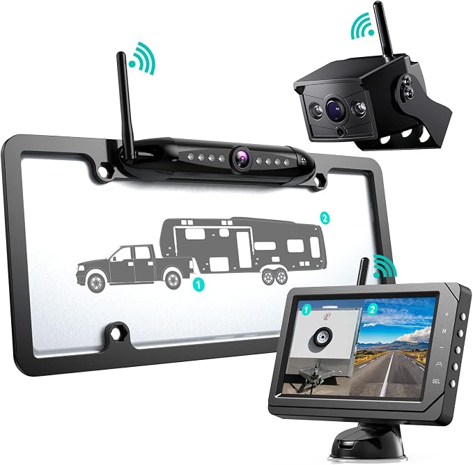 Nuoenx Backup Camera for RV, Split Screen 5 Inch HD Monitor W/Wireless License Plate Backup Camera & Wireless Rear View Camera, IR Night Vision Waterproof For Trailer, 5th Wheel