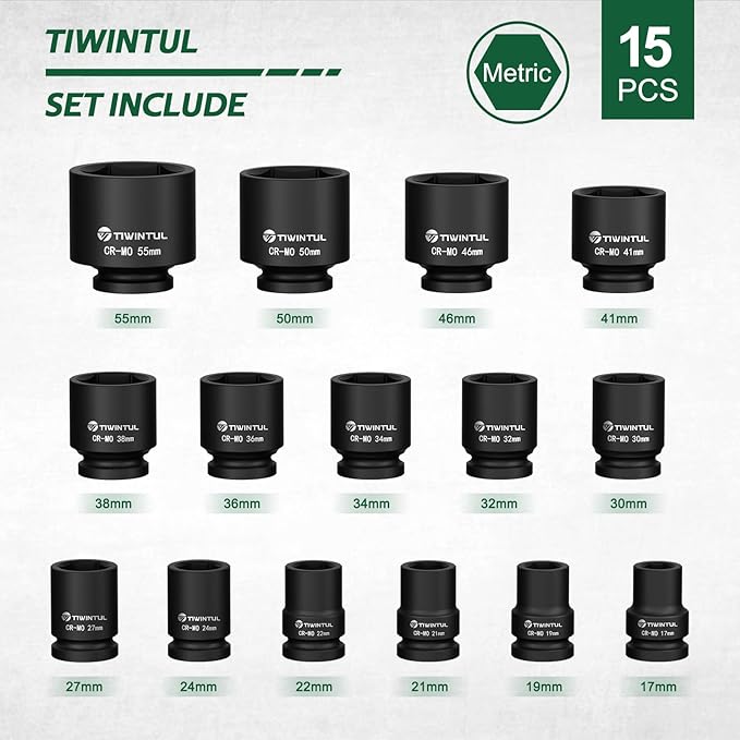 3/4 Inch Drive Impact Socket Set, 15 Pieces Metric 17-55 mm | Heavy Duty 6-Point CR-MO Steel Impact Sockets, Impact Socket Set for Auto, Truck and Large Machinery Maintenance