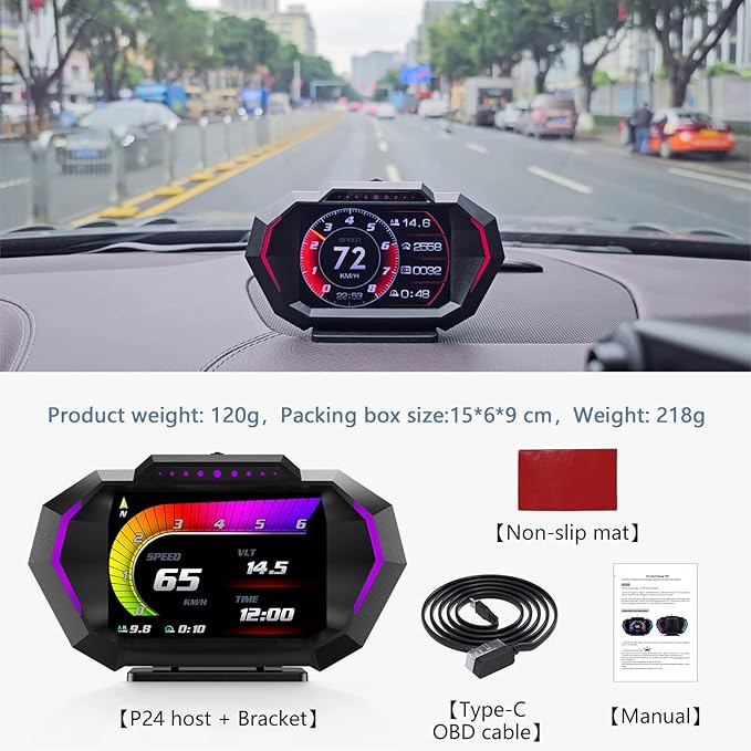 AZIJYV Obd2 Gauge Display with Speed, Heads Up Display for Cars P24, Fuel Consumption, RPM, Overspeed Alarm, OBD+GPS Digital Speedometer Suitable for All Car