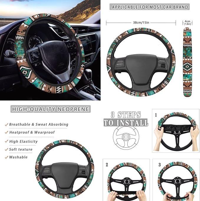 Wanyint Car Seat Cover Full Set 11 PCS, with Steering Wheel Headrest Handbrake Gear Shift Cover Cup Holders Universal Fit Most Vehicles, Aztec Leopard Print Brown Teal