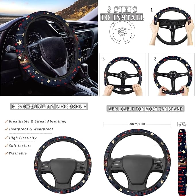 AFPANQZ Proud of American Print Car Seat Covers Full Set of 11 Pcs with Steering Wheel Cover Gear Shift Knob Cover+Auto Handbrake Cover+Seat Belt Strap Pads+Car Coaster