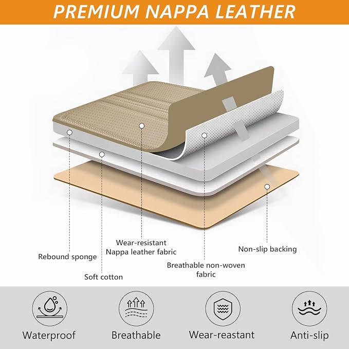 otoez Car Seat Covers Full Set, 5 Seats Nappa Leather Seat Cover for Car, Breatheable and Waterproof Seat Protector Full Coverage, Universal Automotive Seat Cushion for SUV Truck Seden, Beige