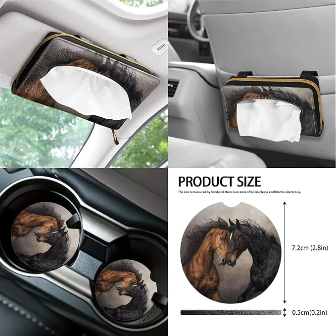 Poceacles Brown Black Horse Car Front Rear Seat Covers Full Set 13 PCS, with Steering Wheel Cover Seat Belt Covers Coasters Keychains Lip Balm Holder Tissue Case for Women Breathable Car Accessories